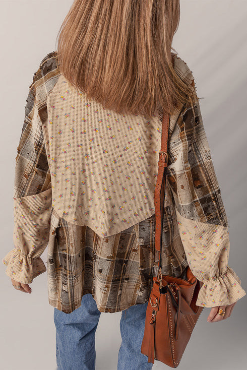 Boho Patchwork Plaid Waffle Knit Ruffled Sleeve Shackets